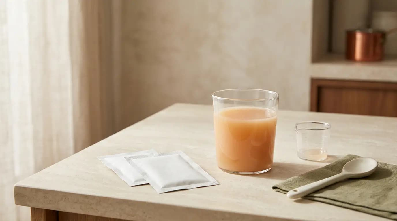 Illustrative unbranded thickener sachets beside a prepared drink