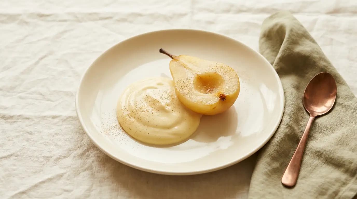 Tender Baked Pear & Custard prepared as an illustrative IDDSI Level 7 serving