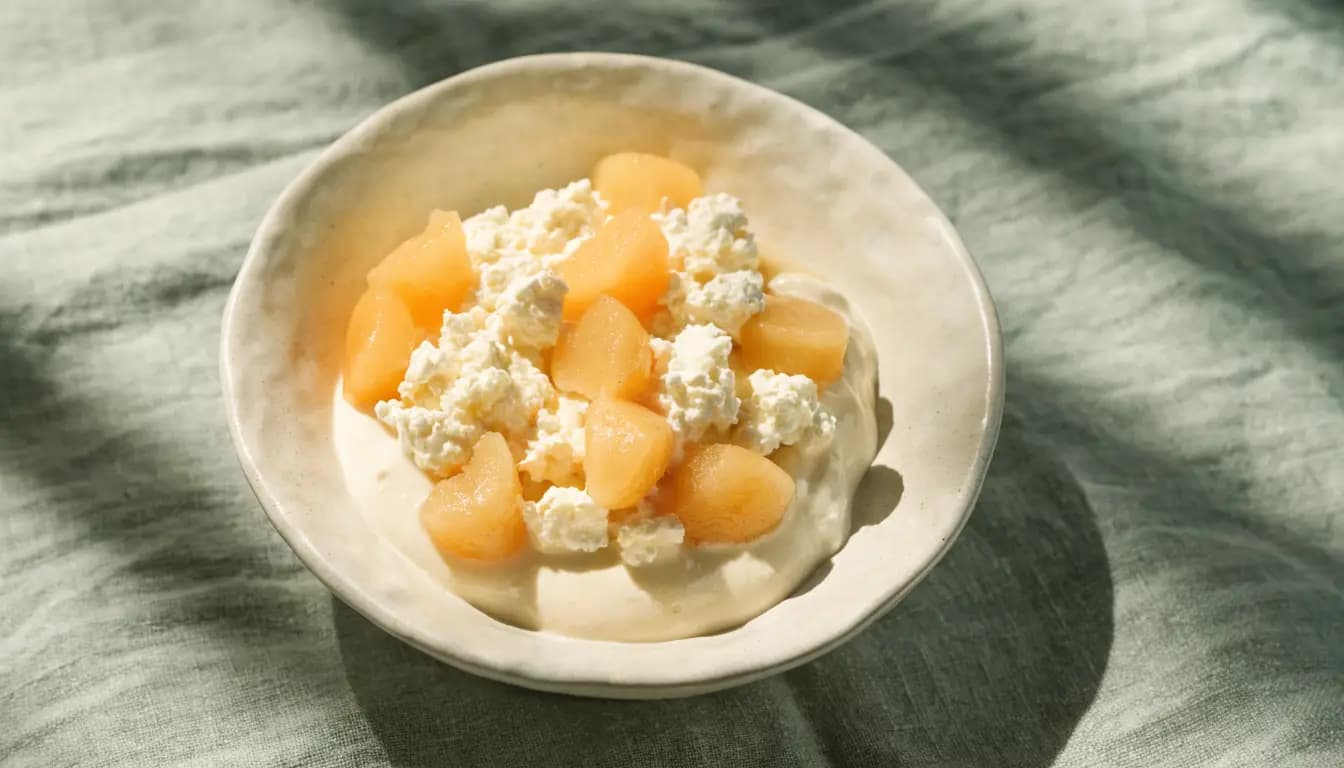 Cottage Cheese & Peach Breakfast prepared as an illustrative IDDSI Level 6 serving