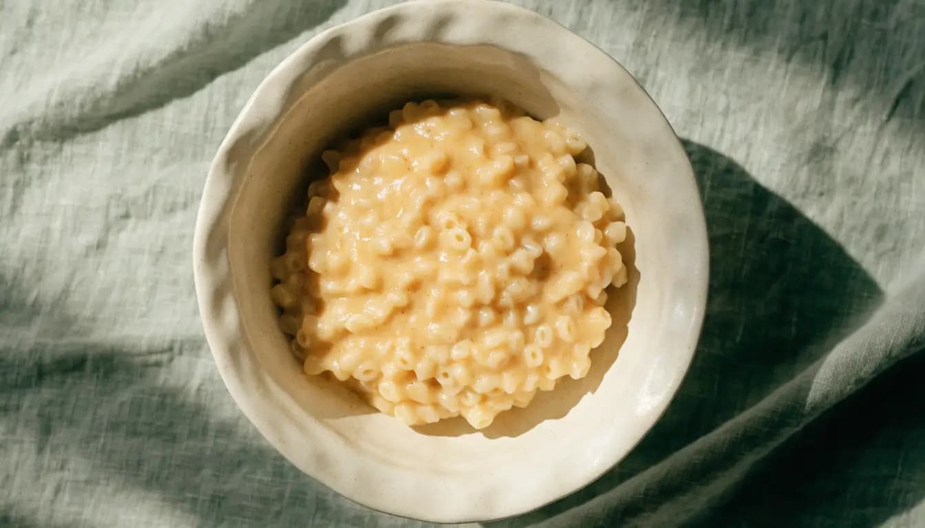 Creamy Macaroni & Cheese prepared as an illustrative IDDSI Level 5 serving