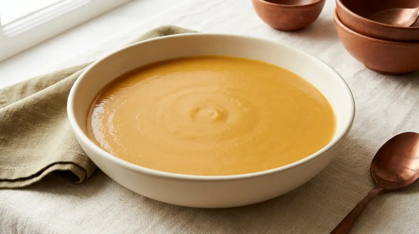Creamy Pumpkin Soup prepared as an illustrative IDDSI Level 3 serving