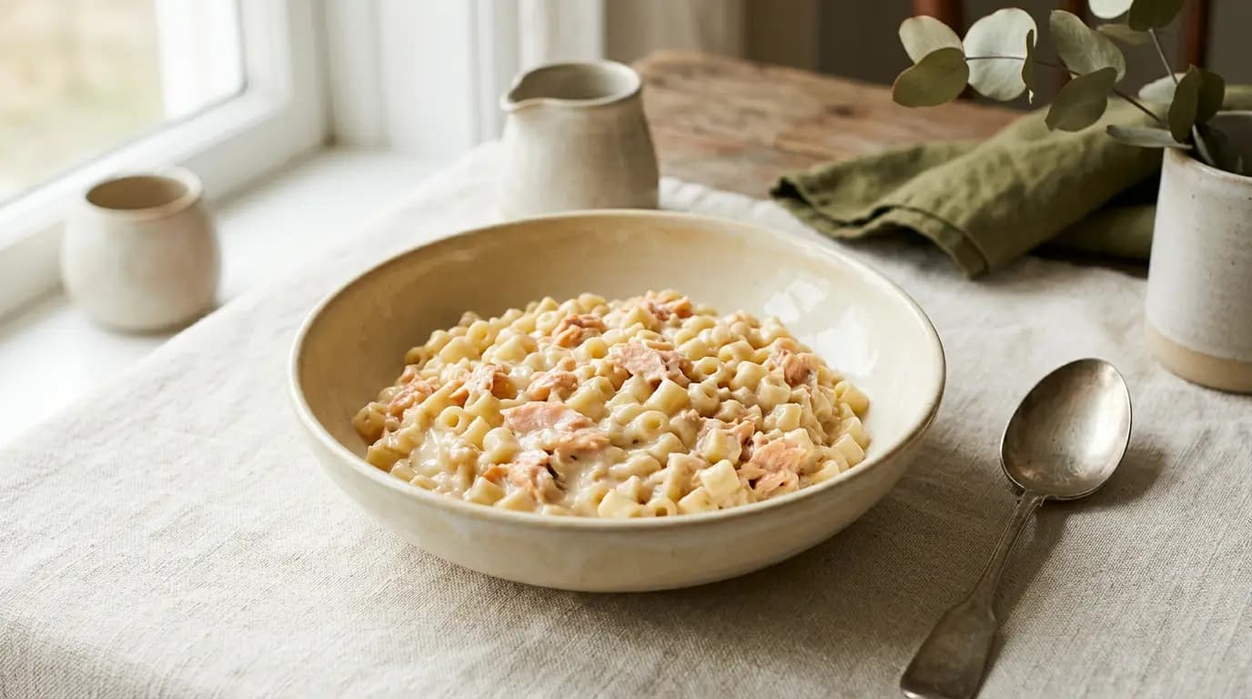 Creamy Salmon Pasta prepared as an illustrative IDDSI Level 6 serving