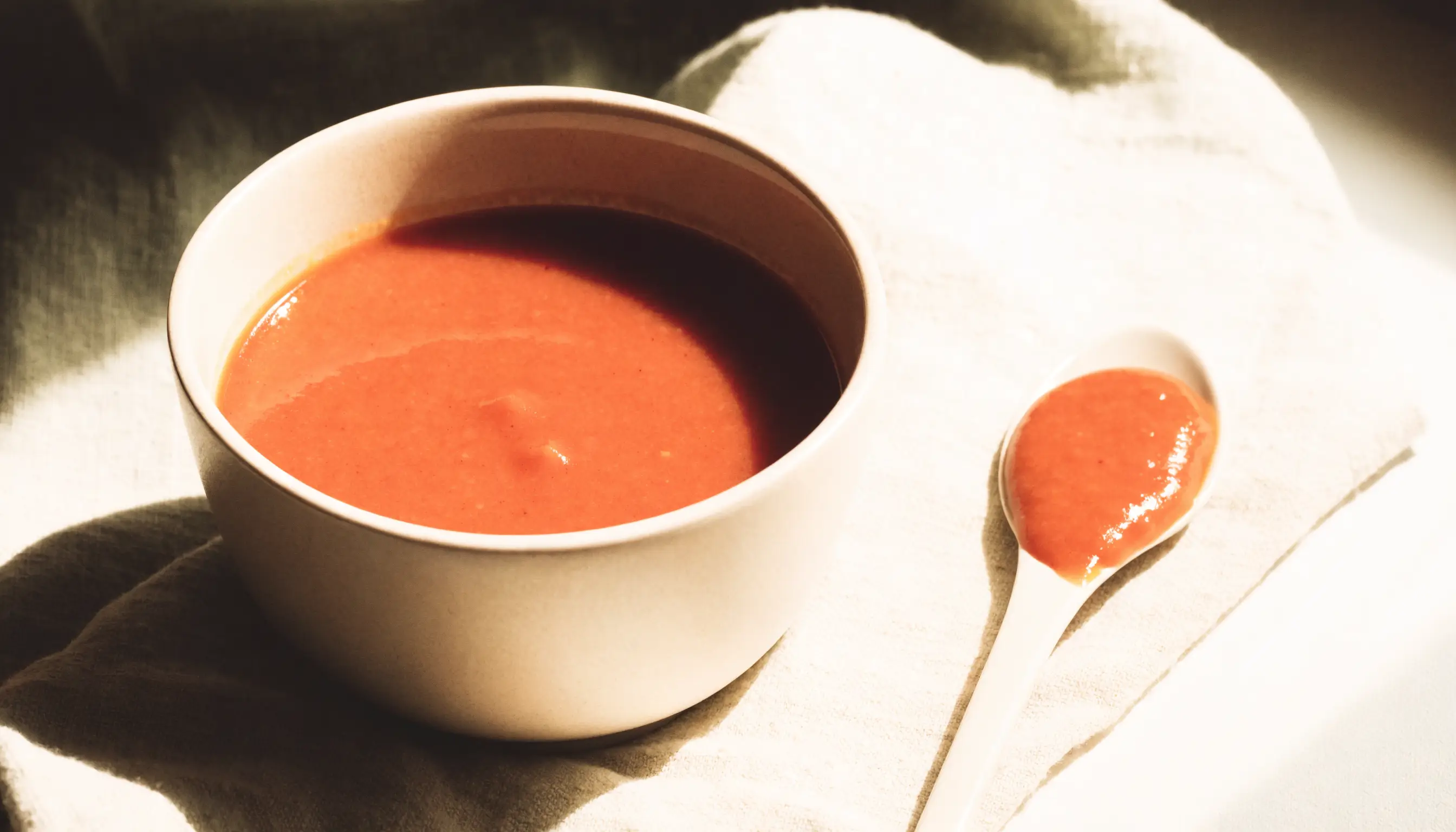 Creamy Tomato Basil Soup prepared as an illustrative IDDSI Level 3 serving