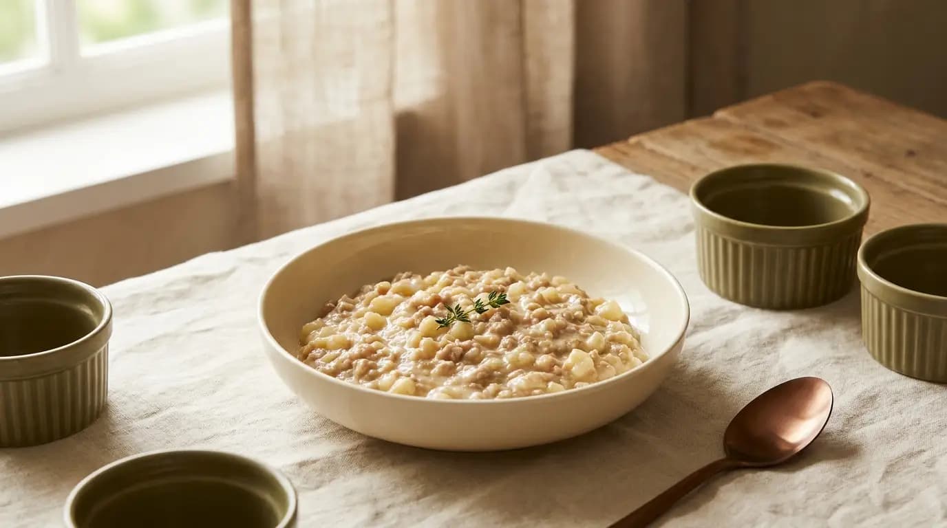 Moist Tuna & Potato Bowl prepared as an illustrative IDDSI Level 5 serving
