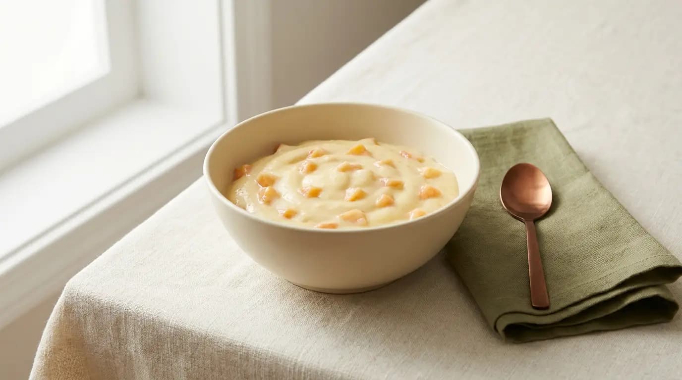 Peach Custard Pudding prepared as an illustrative IDDSI Level 5 serving