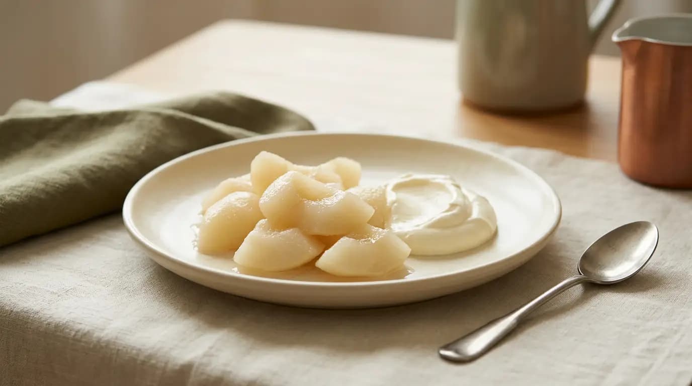 Poached Pear & Mascarpone prepared as an illustrative IDDSI Level 6 serving