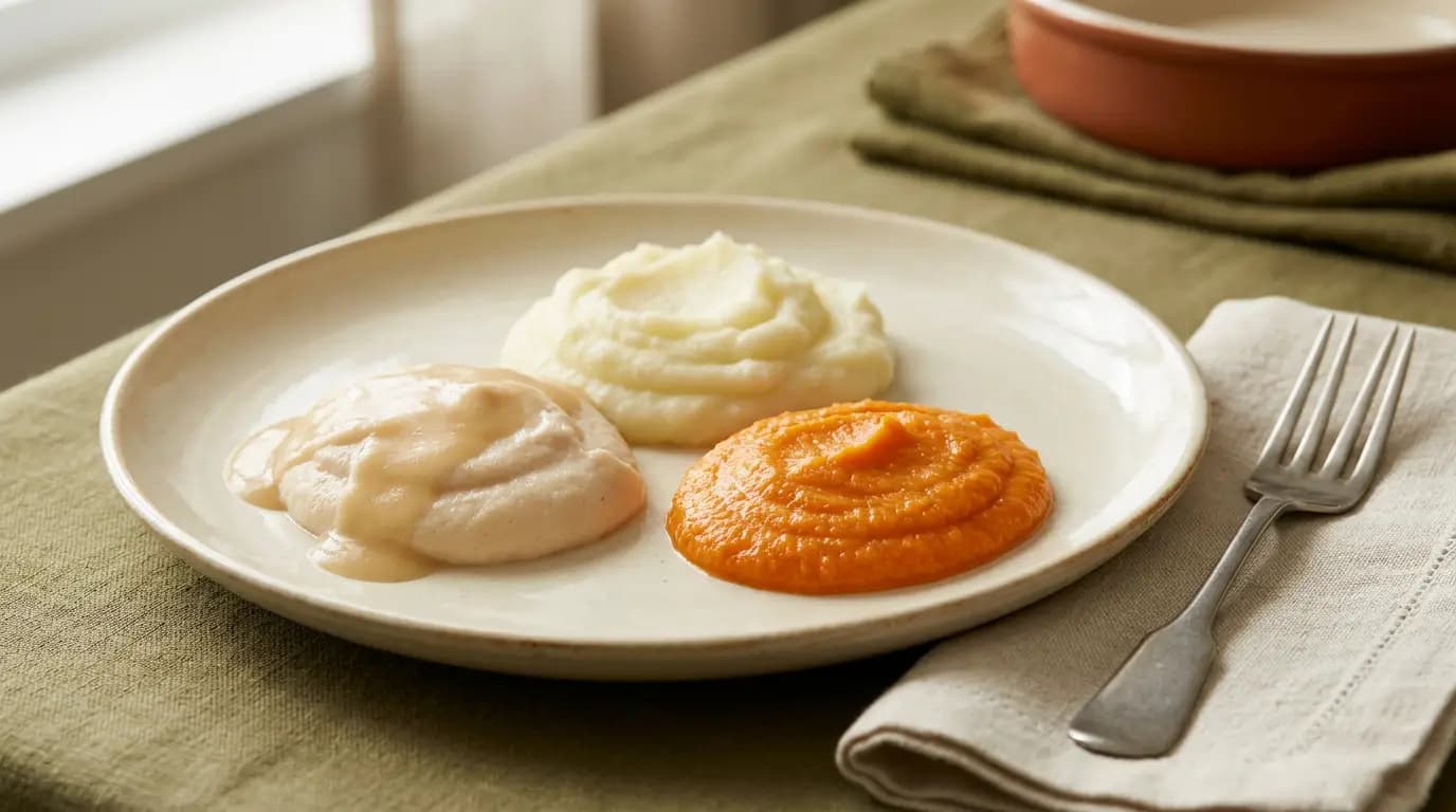 Pureed Chicken & Gravy Plate prepared as an illustrative IDDSI Level 4 serving