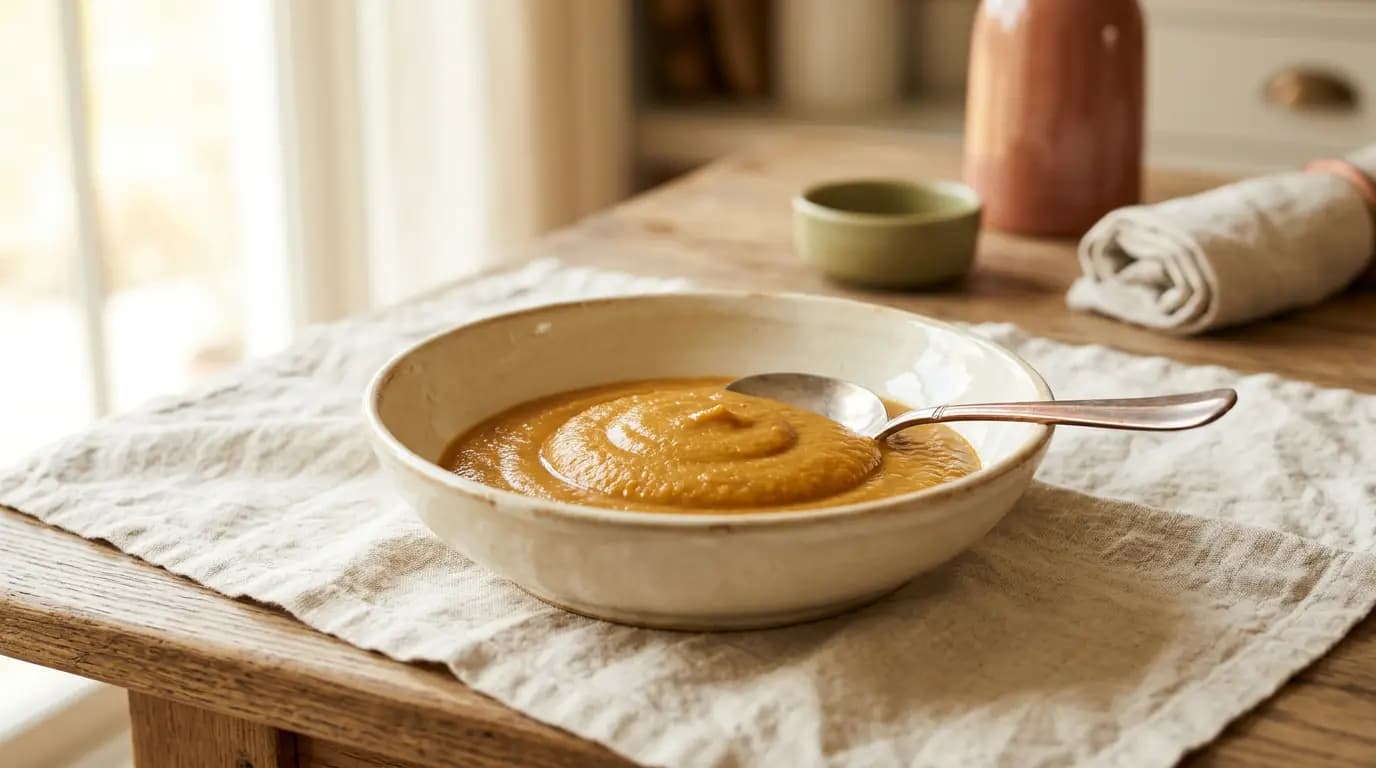 Silky Lentil & Carrot Soup prepared as an illustrative IDDSI Level 4 serving