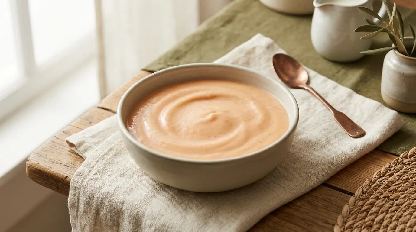 Smooth Peach Yogurt prepared as an illustrative IDDSI Level 3 serving