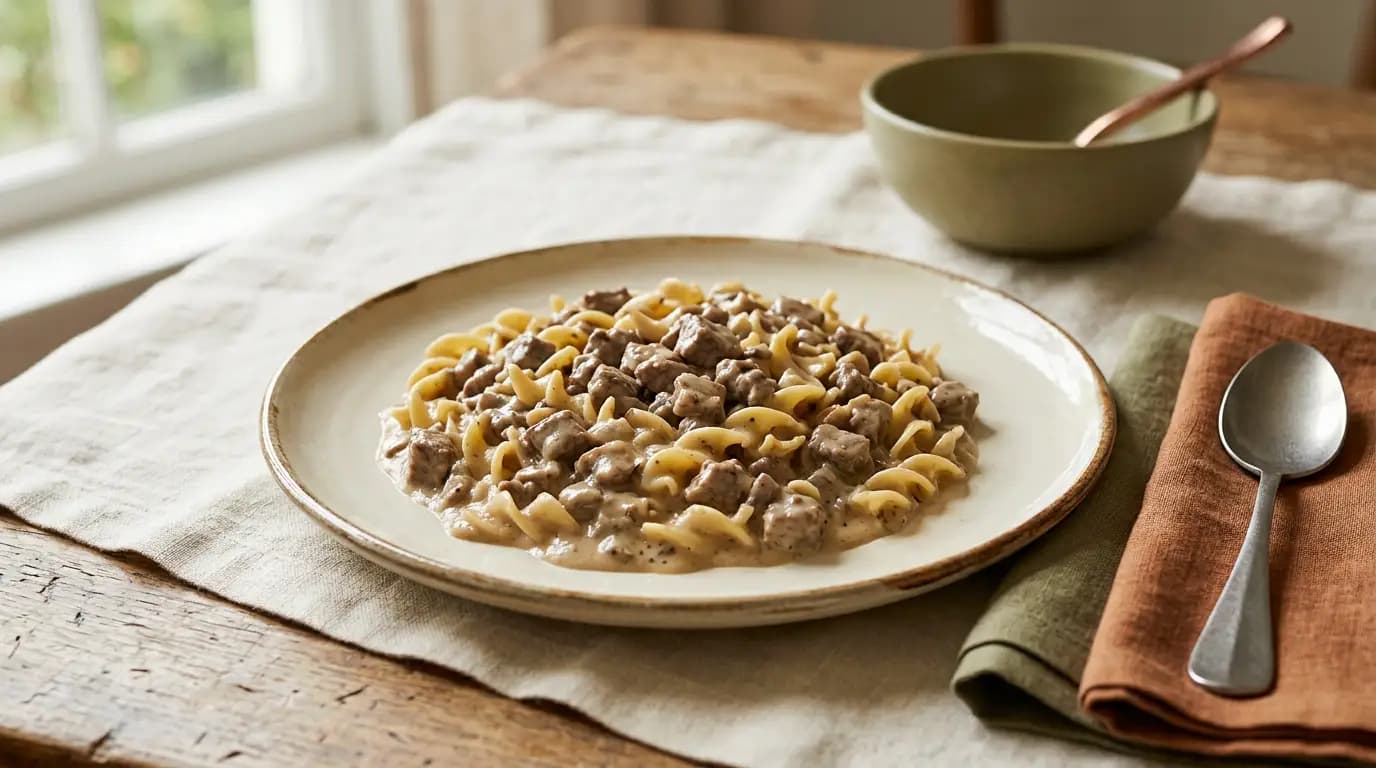 Soft Beef Stroganoff prepared as an illustrative IDDSI Level 6 serving
