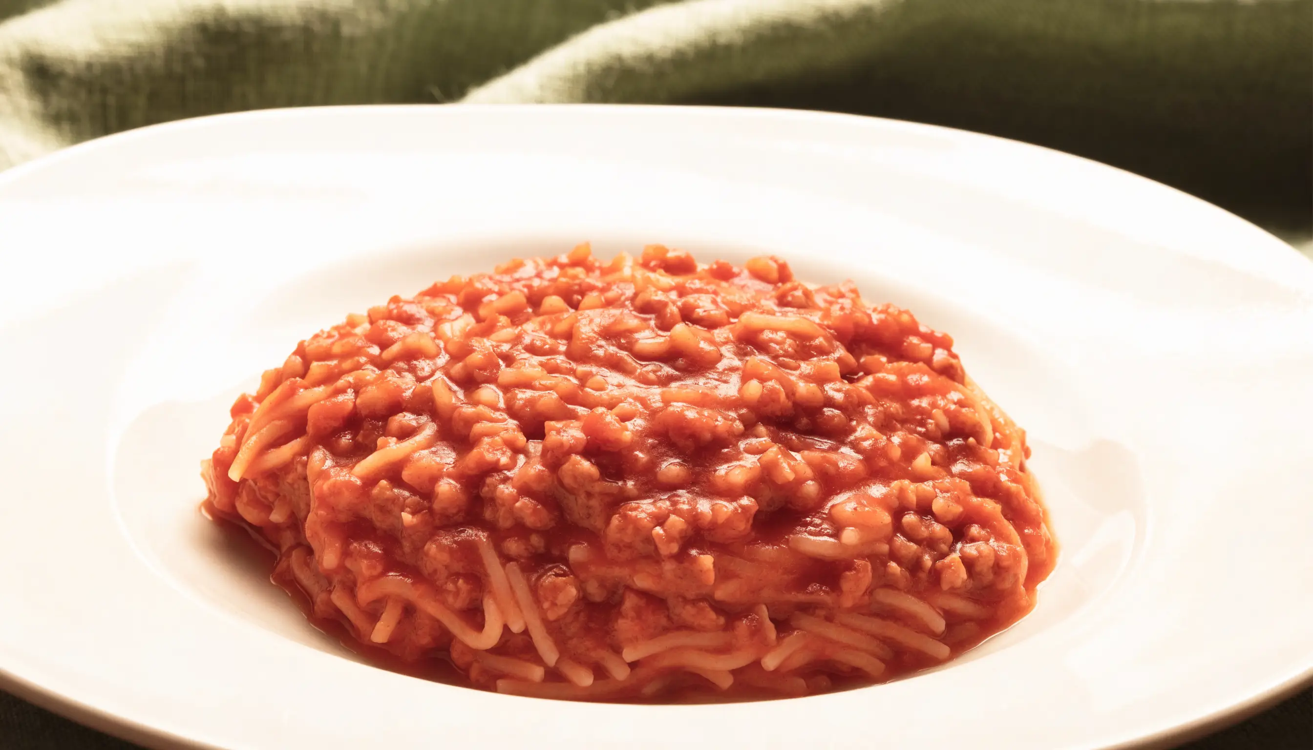 Spaghetti & Meatballs prepared as an illustrative IDDSI Level 5 serving