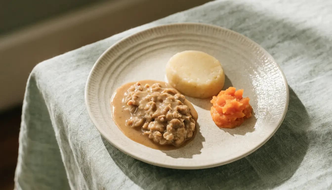 Turkey Meatloaf with Mash prepared as an illustrative IDDSI Level 5 serving
