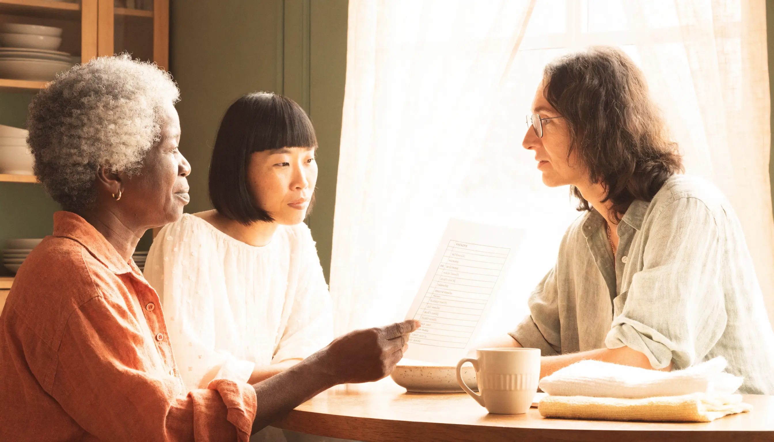 A pharmacist reviewing a medication list with an older adult and caregiver