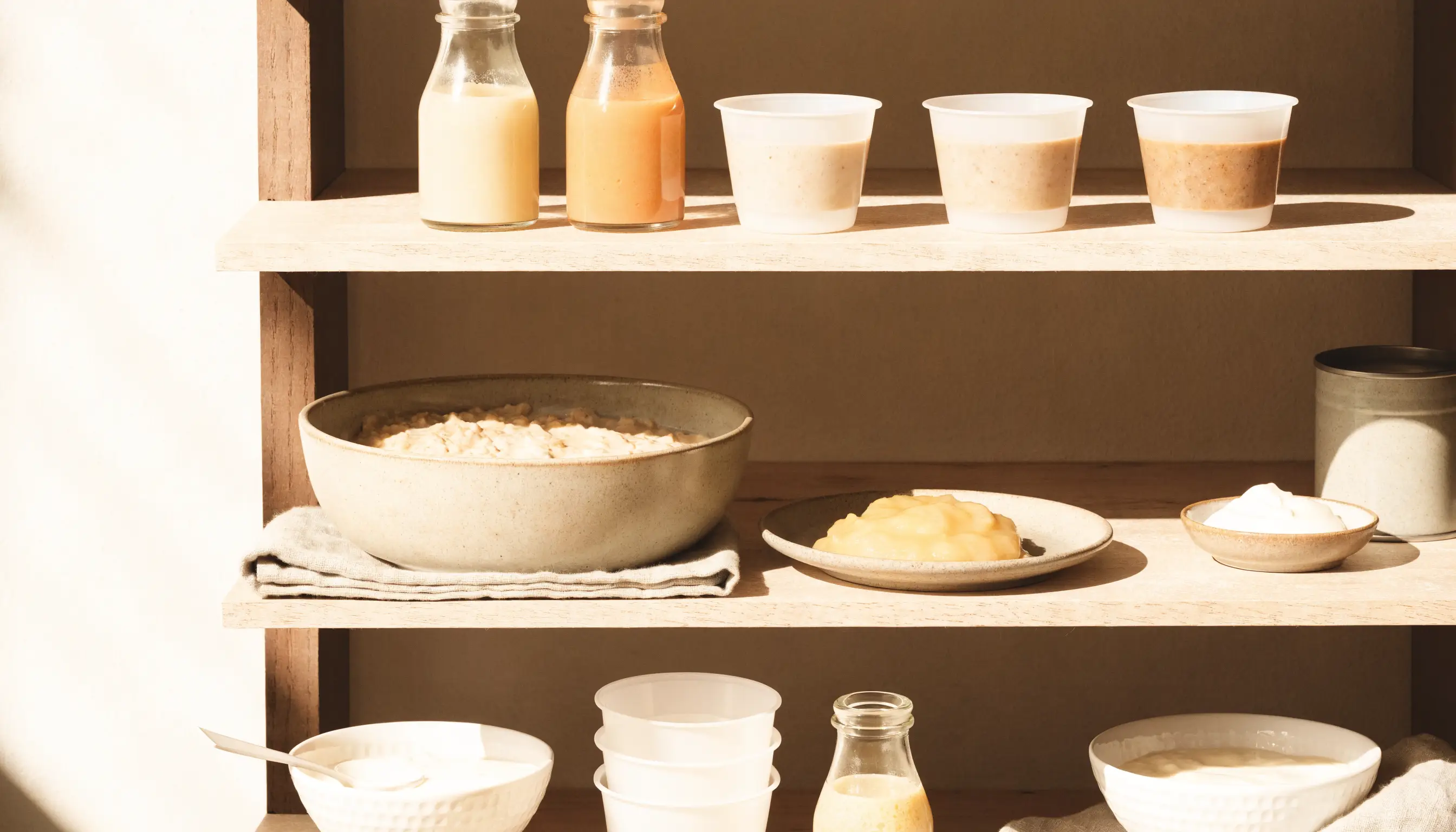 An unbranded pantry of thickened drinks, purees, yogurt, oatmeal, and soft foods