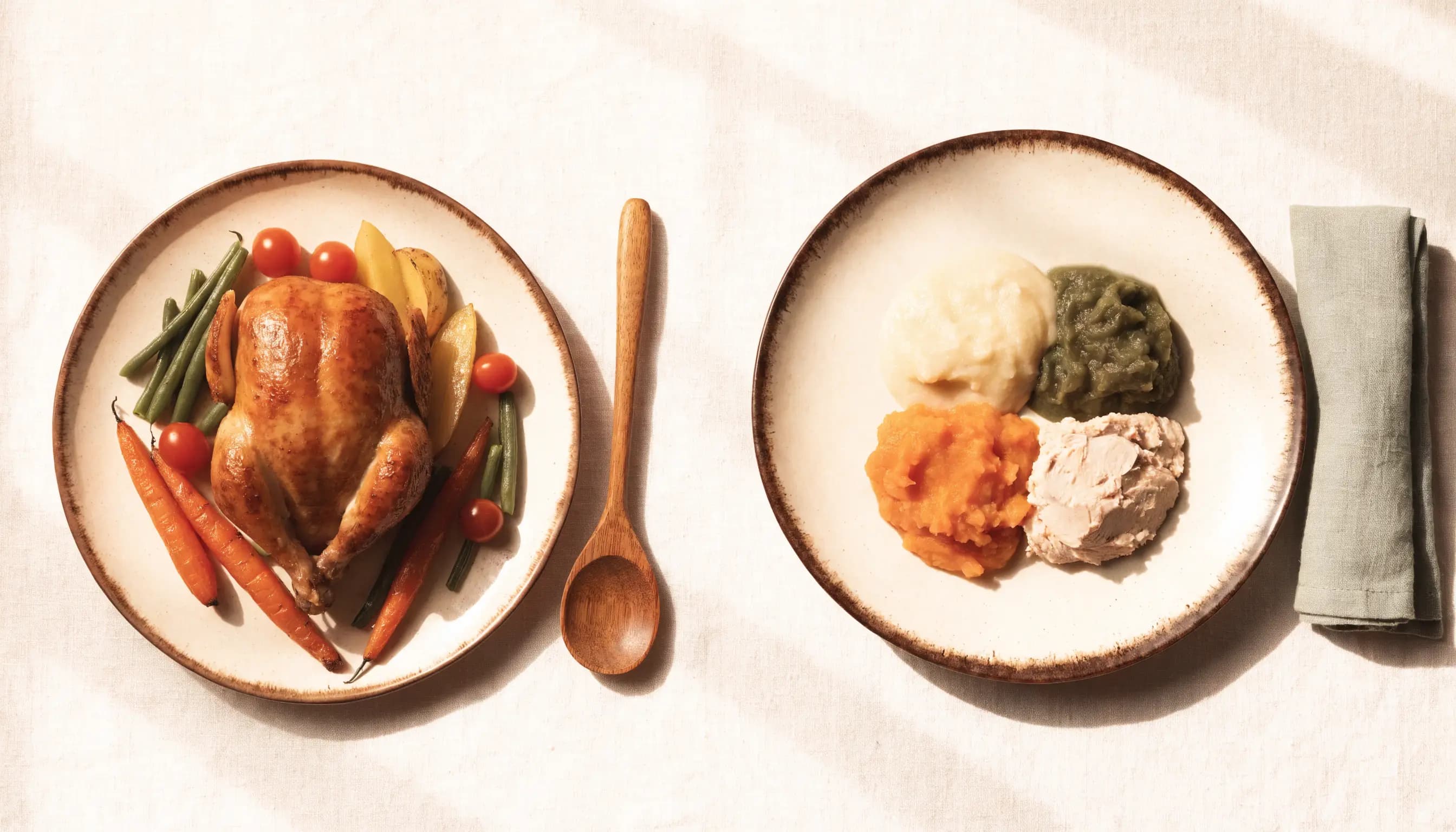 A regular family roast beside a texture-modified version of the same dinner