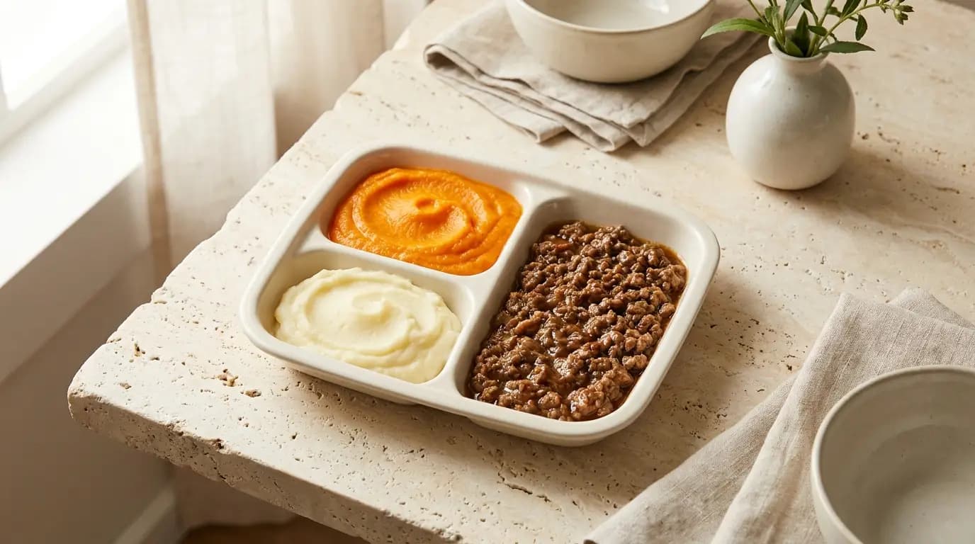 An illustrative texture-modified ready meal with separated portions