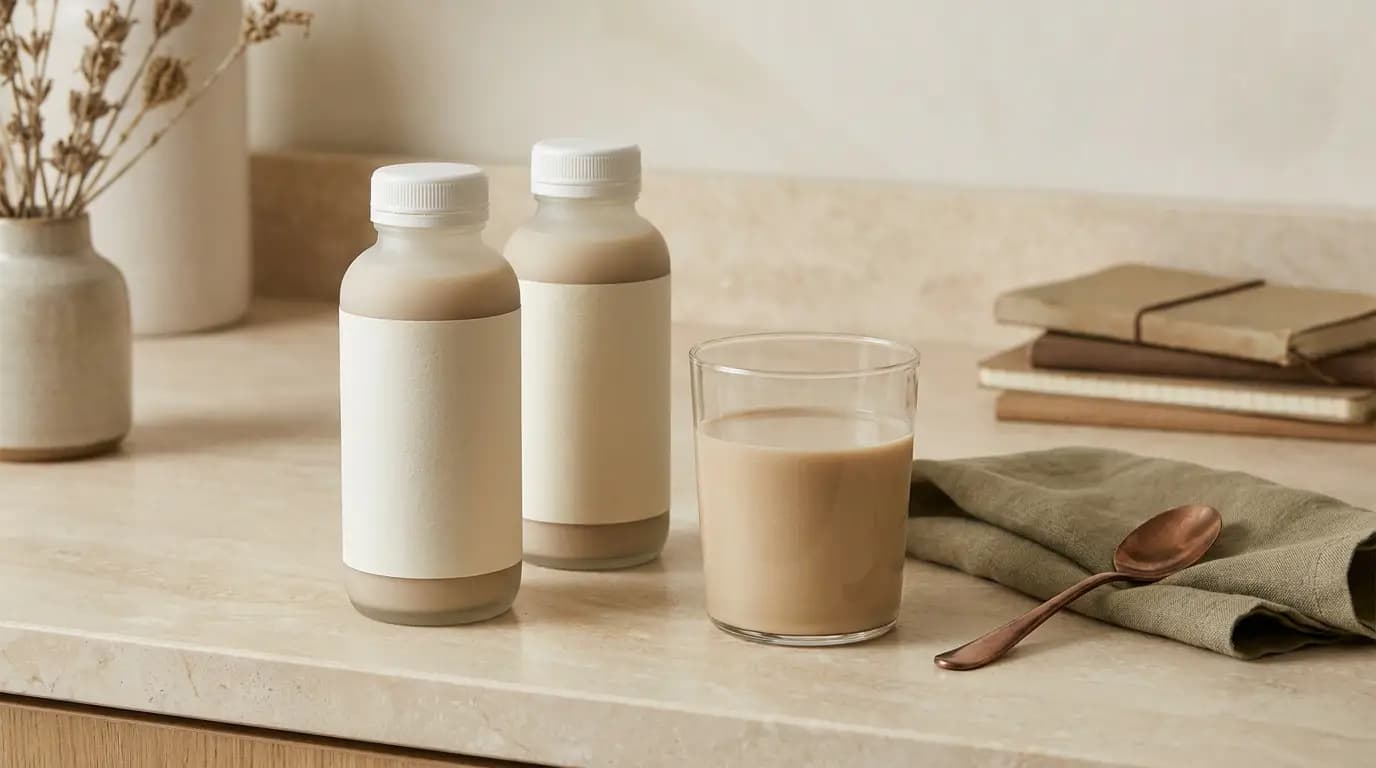 Illustrative unbranded oral nutrition shake bottles and a prepared drink